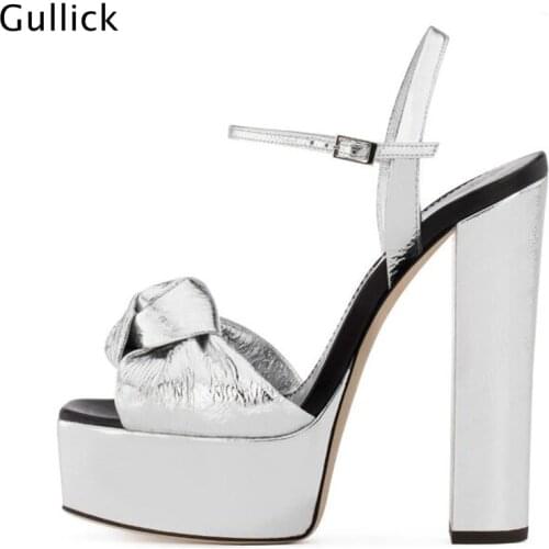 Fashion Front Big Butterfly Knot Decor Ultra High Heels Woman Sliver Golden Sandals Chunky Heels Platform Ankle Buckle Shoes