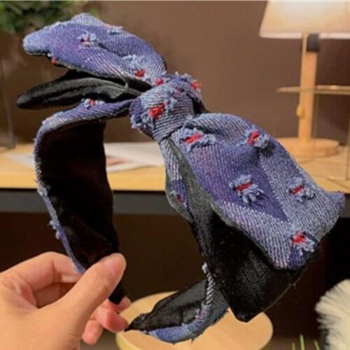 Blue Denim Bowknot Hairband Headband for Women Hair Accessories Double Layers Bow Knot Hairband Adults Headband Ladies Hair Hoop