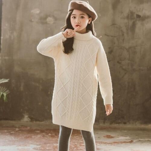 Green Beige Knit Long Sweaters Teenage Girls Clothes Kids Cotton Turtleneck Knitting Dress Girl Warm Pullovers Children Dresses
