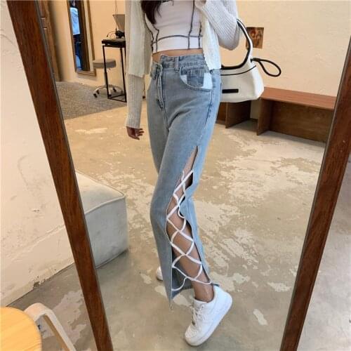 Womens Pant 2021 Summer New Side Slit Irregular High Waist Bandage Jeans Girl Loose Slim Wide Leg Pants Casual Traf Clothing