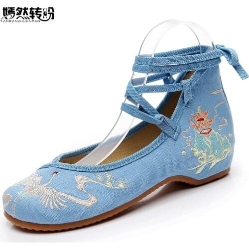 Women Canvas Shoes Crane Embroidered Ballet Flats Long StrapVintage Chinese Embroidery Comfort Ballerinas Shoes for Ladies