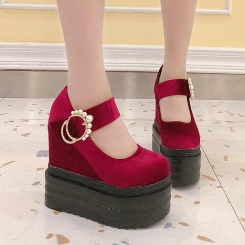 OLOMLB 14CM Heel Womens Round Toe Velvet Beads Buckle Platform Wedge Super High Heels Pumps Shoes Black 6Colors New 2020