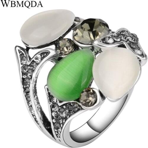 Vintage Bohemian Style Luxury Crystal Opal Stone Flower Silver Color Wedding Rings For Women Fashion Jewelry 2018 New Arrivals
