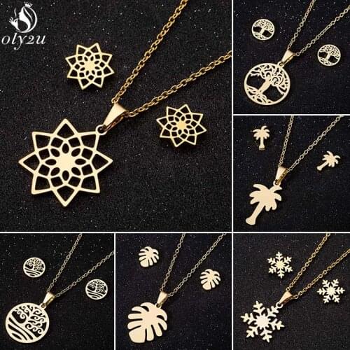 Bohemia Stainless Steel Sets for Women Retro Tree of Life Necklace Earrings Fashion Snowflake Flower Necklaces Hawaii Pendientes