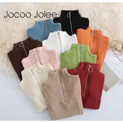 Autumn Winter Sweaters Women 2019 Sexy Slim Solid Color Korean Zipper Sweater Knit Pullovers Bottom Ladies Sweater Pullover Tops