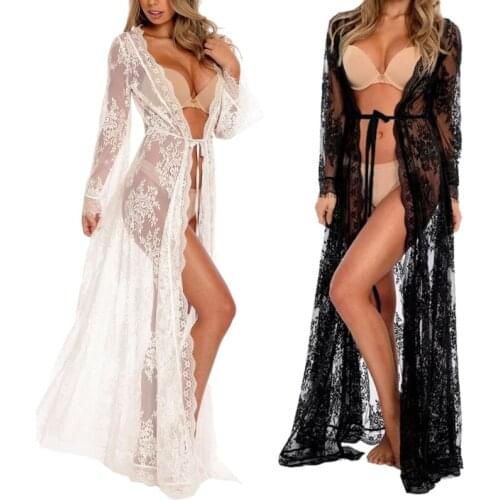 Women Summer See-Through Floral Lace Maxi Beach Dress Scalloped Trim Open Front Kimono Cardigan Bikini Swimsuit Cover Up