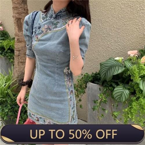 Women Stand Collar Embroidered Sequined Mini Dress Blue Denim Improved Cheongsam Dress Puff Sleeve Retro Slim Dress Vestidos
