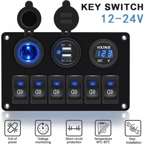 1pc 6 Gang Car Boat Marine Boat Circuit Blue LED On/Off Rocker Switch Panel IP68 Waterproof Overload Protection Parts