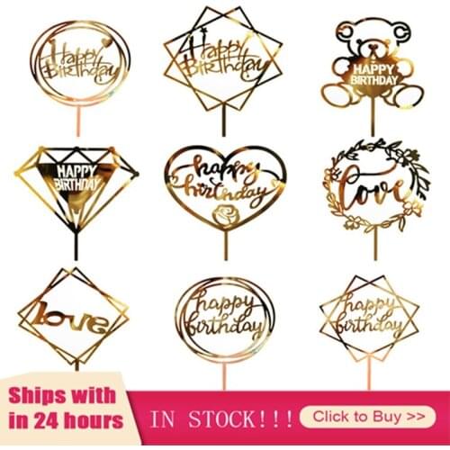 1pc Gold Acrylic Hand Writing Happy Birthday Cake Topper Dessert Tamping Party Cake Decorating Tools For Birthday Party Gifts