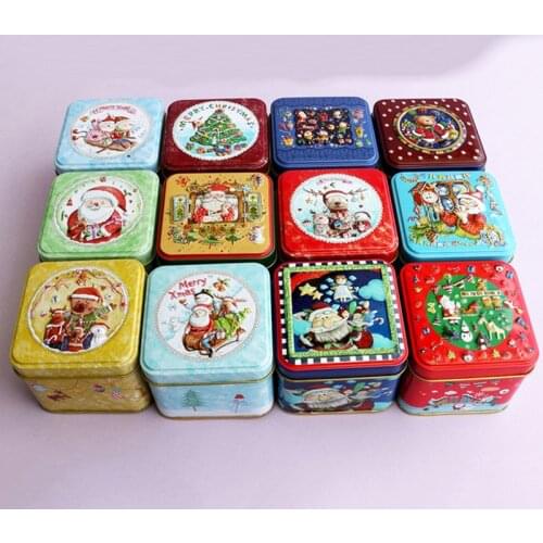 12 Pcs/Lot 3D Cartoon Christmas Tinplate Box Square Storage Cans Candy Cases Jewelry Container Small Gift Packaging Sealed Jar