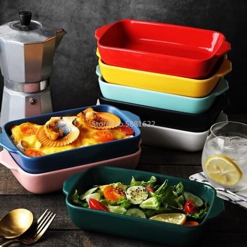 600ML Nordic Solid Rectangle Ceramic Dinner Plate Double Ears Heat Resistant Porcelain Cheese Baking Plate Salad Fruit Tray