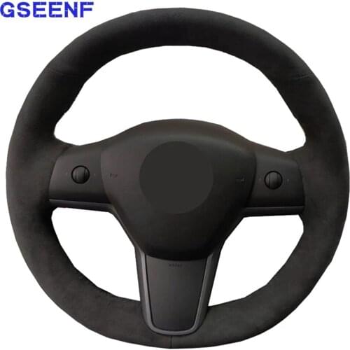 Car Accessories Steering Wheel Cover For Tesla Model 3 2017 2018 2019 Black Hand-stitched Comfortable and Soft Suede Leather