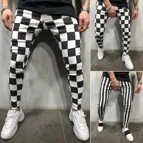 Cool Mens Fashion Slim Jogger Skinny Pencil Pants Comfortable Striped Plaid Hip Hop Casual Pants S-XXL