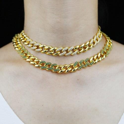 Hip Hop 12mm Cuban Link Chain Choker Gold Color Punk Iced Out Bling Zircon Necklace Fashion Green Clear CZ Paved Jewelry