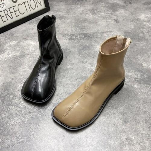 Spring And Autumn Retro Square Head Zipper Flat Bottom Ladies Chelsea Boots British Style Fashion Leather Short Single Boots