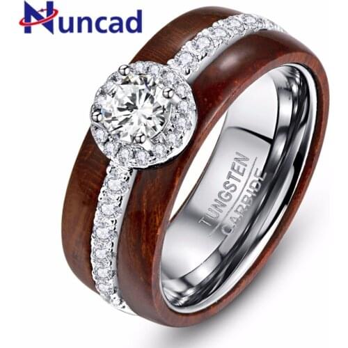High Polish Crystal Zircon Man Knuckle Finger Ring Real Koa Wood Tungsten Steel Ring Carbide For Men Bijoux Homme