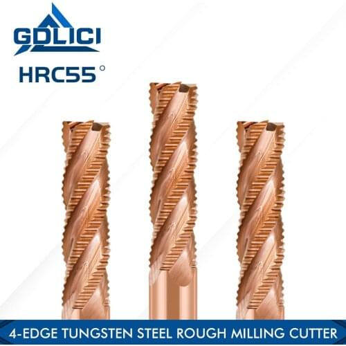 GDLICI HRC55 Carbide Roughing End Mill 4 Flute Rough Milling Cutters Metal CNC MachineTungsten Steel Cutting Tools 4-20mm Shank
