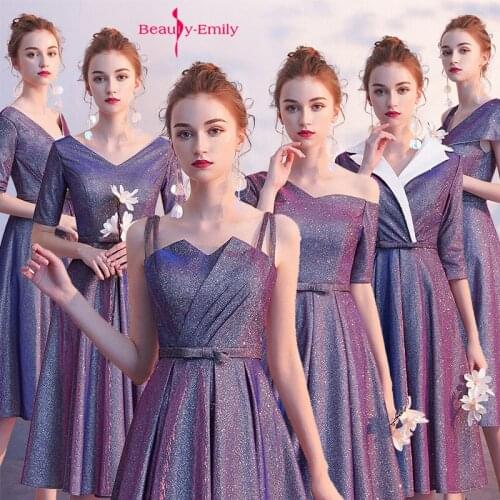 Beauty Emily Sequins Blue V Neck Middle Bridesmaid Dresses Elegant Party Gowns For Ceremony Students Graduation Prom Gowns