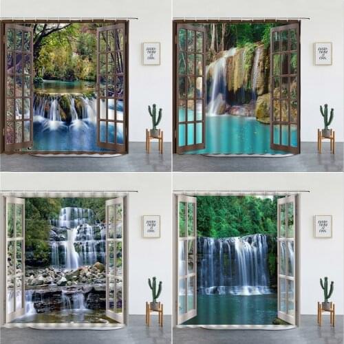 Forest Landscape Shower Curtains 3D Natural Scenery Waterfall Printing Bathroom Curtain Waterproof Polyester Home Decoration