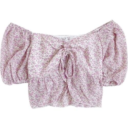 Sweet Sakura Flower Summer Sexy V-neck Drawstring Bandage Puff Sleeve Slim Short Chiffon Shirt
