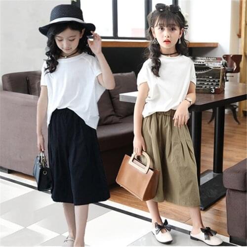 New 2020 Kids Girls Clothes Set T-shirts + Wide Leg Pants Summer Childrens Clothing Outfits Teenage 6 7 8 9 10 11 12 Years