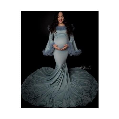 Plus Size Mermaid Pregnancy Photo Shoot Dressing Gowns Puffy Sleeves Tulle Ruffles Stretchy Maternity Dresses 2021