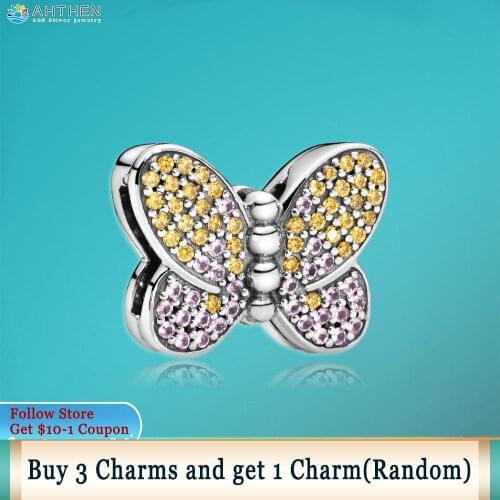 Ahthen 925 Sterling Silver Bead Pave Butterfly Clip Charm fit Original Pandora Bracelets for Women Jewelry Making Girl Gift