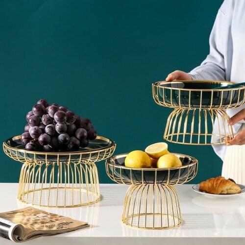 Modern Light Luxury Metal Ceramic Fruit Plate Decoration European Luxury Snack Dessert Platter Living Room Coffee Table Home