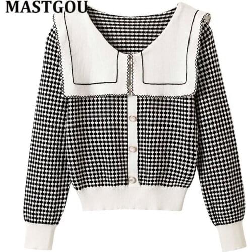MASTGOU Fashion Design Womens Sweater Long Sleeve Jacquard Knit Pullover Jumper Tops Sailor Collar Female Sweaters Pull Femme