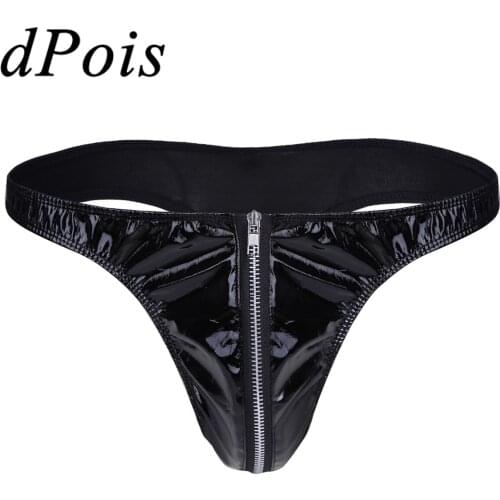 Men Underwear Patent Leather Sexy Mens Briefs Male Zipper Penis Pouch Open Crotch Panties Gay Black Underpants Erotic Lingerie