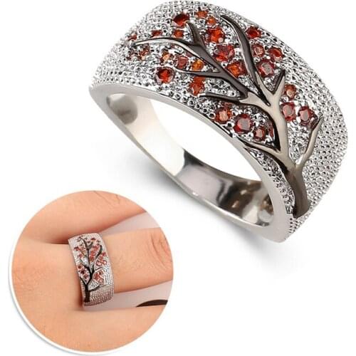 Creative Red Crystal Leaves Rings for Women Shiny Tree Branch Ring Unique Punk Black Gold Color Branch Silver Color Jewelry