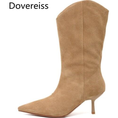 Dovereiss Fashion Womens Shoes Winter Elegant Slip on Mature Pure color apricot Pointed toe Stilettos heels Half boots 33-40