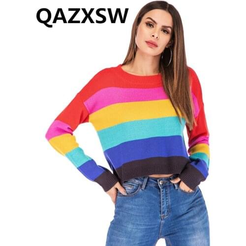 2019 New Spring Pullover Sweater Autumn Large Size Loose Fashion Temperament Casual Simple Rainbow Striped Women Sweaters ZW012
