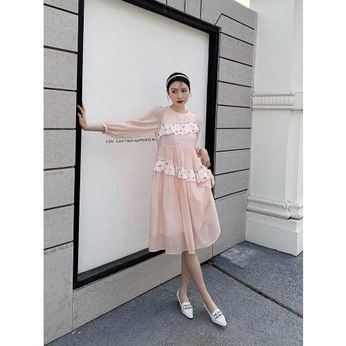 Pink Patchwork Loose Casual Dress Women Spring 2021 New Round Neck Long Sleeves Comfortable Ruffles Chic Long Dress Vestidos