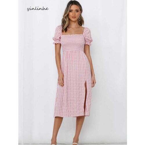 Yinlinhe Pink Plaid Dress Women Puff Sleeve Elastic Slim Summer Dress High Split Long Dresses French Style Holiday Wear 2052