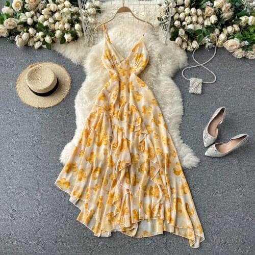 Elegant Floral Print Holiday Dress Sexy V-neck Spaghetti Strap Backless Ruffles Irregular Boho Beach Maxi Chiffon Dress Women