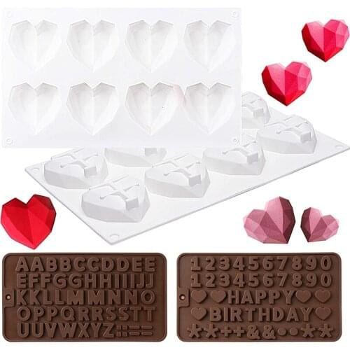 3Pcs 3D Silicone Heart Diamond Molds Letters Number Mold Kitchen Baking Tool for DIY Chocolate Ice Cream Mousse Cake Decoration