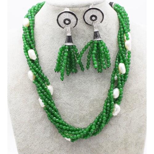 7rows freshwater pearl white baroque and green jade round faceted 4mm beads necklace earrings 19" FPPJ