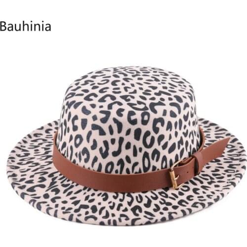 Bauhinia Simple Unisex Flat Brim Wool Felt Winter Autumn Imitation Woolen Leopard Fedoras Top Jazz Round Caps