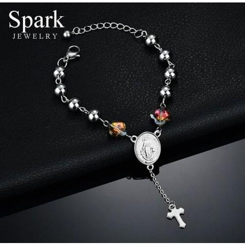 Christian Women Stainless Steel Mary Cross Chain Bracelets Natural Stones Four Leaves Flowers Coin Rosary Bracelets