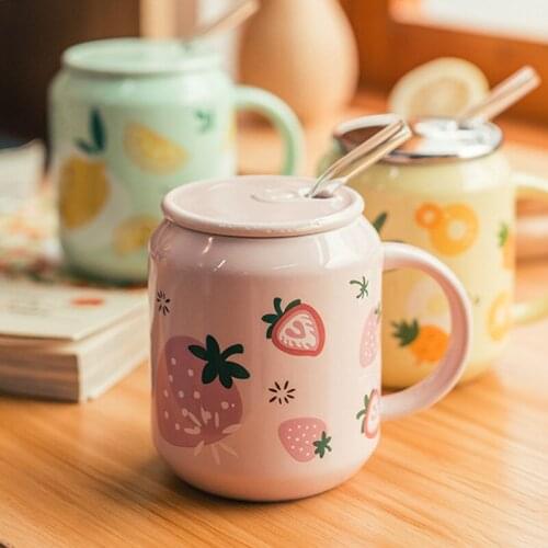 400ml Cute Fruits Summer Mugs Creative Can Cartoon Ceramic Mug With Straw Lid Milk Tea Mug Office Home Travel Coffee Water Cup