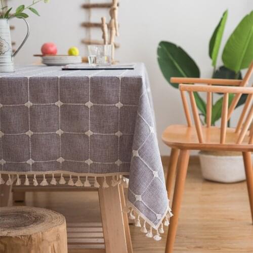 Japan Style Dining Table Cloth Embroidered Stripes Plaid Stitching Linen Cotton Tablecloth Tassel Pendant Rectangle Table cover