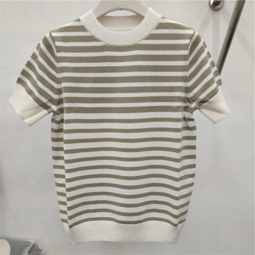 Women Sweater 2021 Spring and Summer New Ladies Stitching Round Neck Cotton Striped Short-sleeved T-shirt
