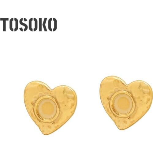 TOSOKO Stainless Steel Jewelry Irregular Peach Heart Carved Earrings Sweet Level Earrings Female BSF519