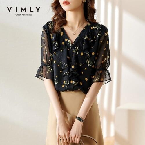 VIMLY Summer Women Blouse Elegant Flare Sleeve Floral Blouses Casual Buttons Shirts Office Lady V Neck Vintage Blusas Tops F7907
