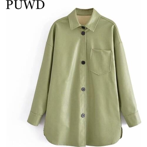 PUWD Vintage Women PU Faux Leather Jacket 2021 Autumn Fashion Ladies Pocket Turn-down Collar Long Coat Female Streetwear Outwear