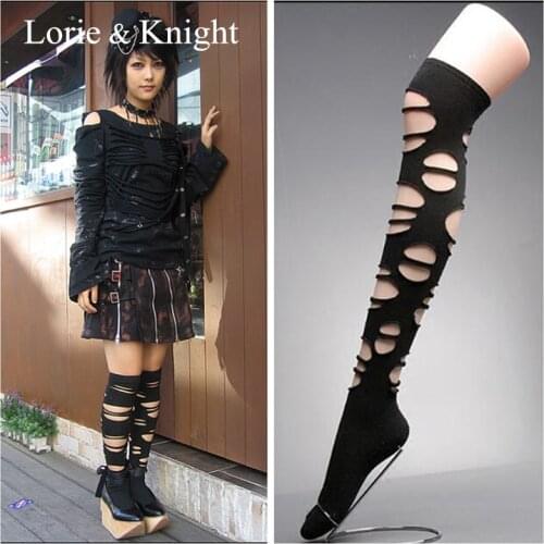 Womens Knee High Cotton Sexy Holes Gothic Punk Lolita Stockings