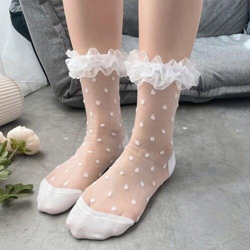 Lolita Lace Socks Female Polka Dot Transparent Silk Socks Women Japanese Fashion Cute Frilly Sock Calcetines De La Mujer