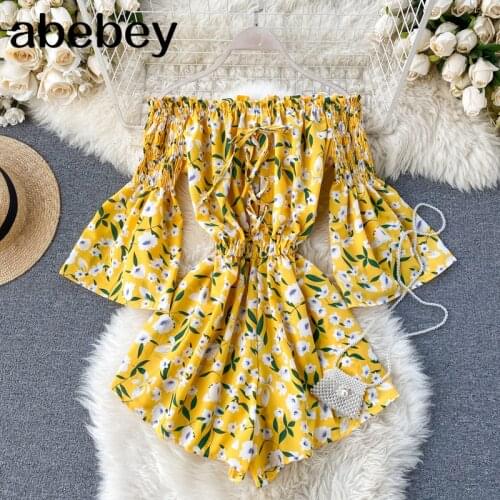 2020 Boho style off shoulder sexy floral print Jumpsuit lace up Women Short Summer high waist Playsuit flare sleeve Beach Romper