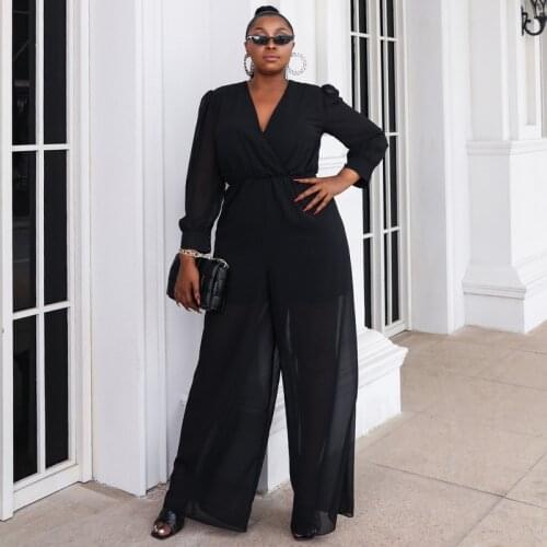 Large African Plus Size Womens Solid Color Casual Wear Chiffon Plus Size Womens Wide-leg Pants Jumpsuit